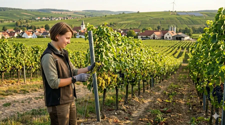 Winzerin bei der Weinlese in Rheinhessen – Weingut mit KI-Telefonassistent rund um die Uhr erreichbar
